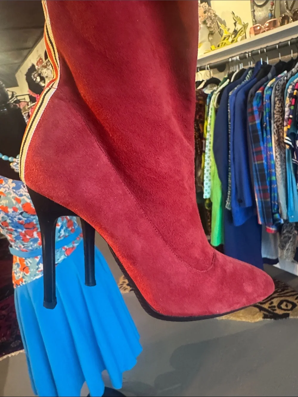 Y2K Steven by Steve Madden Red Suede Knee High Boot with Racing Stripe Detail